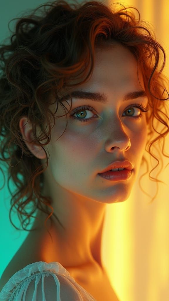 Golden Art Nouveau Portrait of Woman in Amber Light