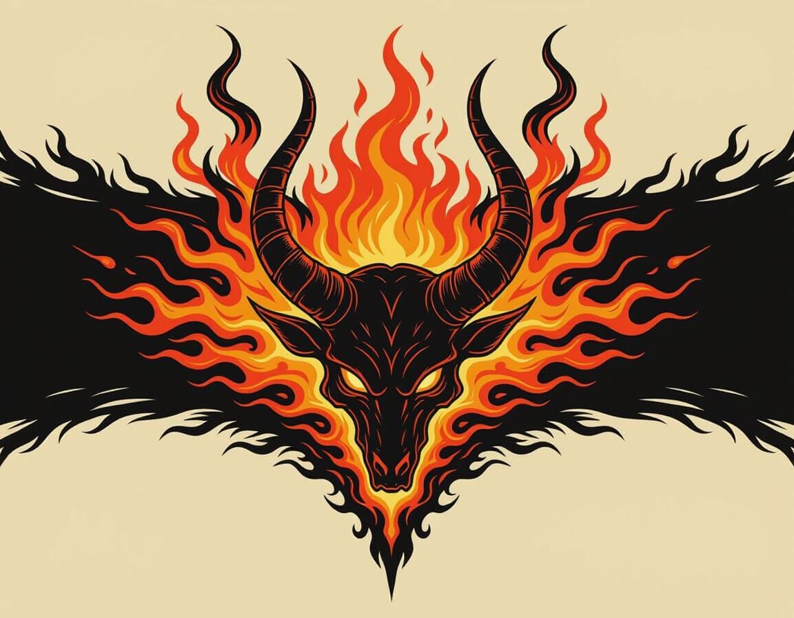 Black Banner With Flaming Horns, Dark Fantasy Style