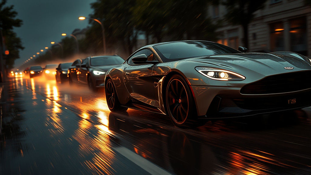 Luxury Cars Speeding Through Rain-Soaked Streets