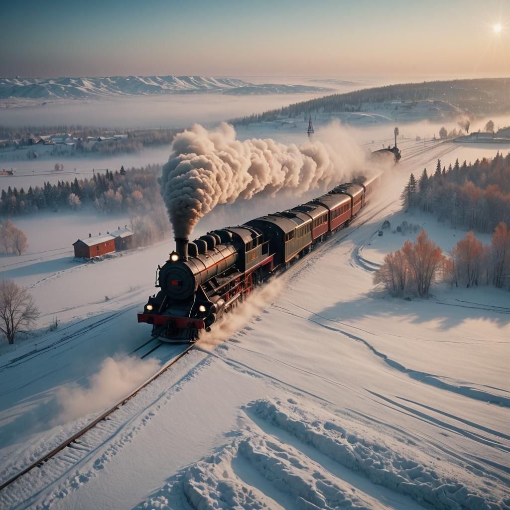 Siberian Winter Landscape with Vintage Steam Train