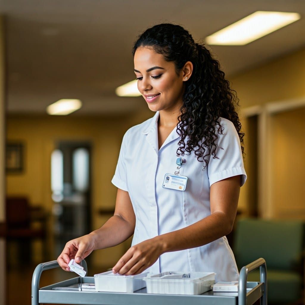 Compassionate Hispanic Nurse Dispensing Medication in Nursin...