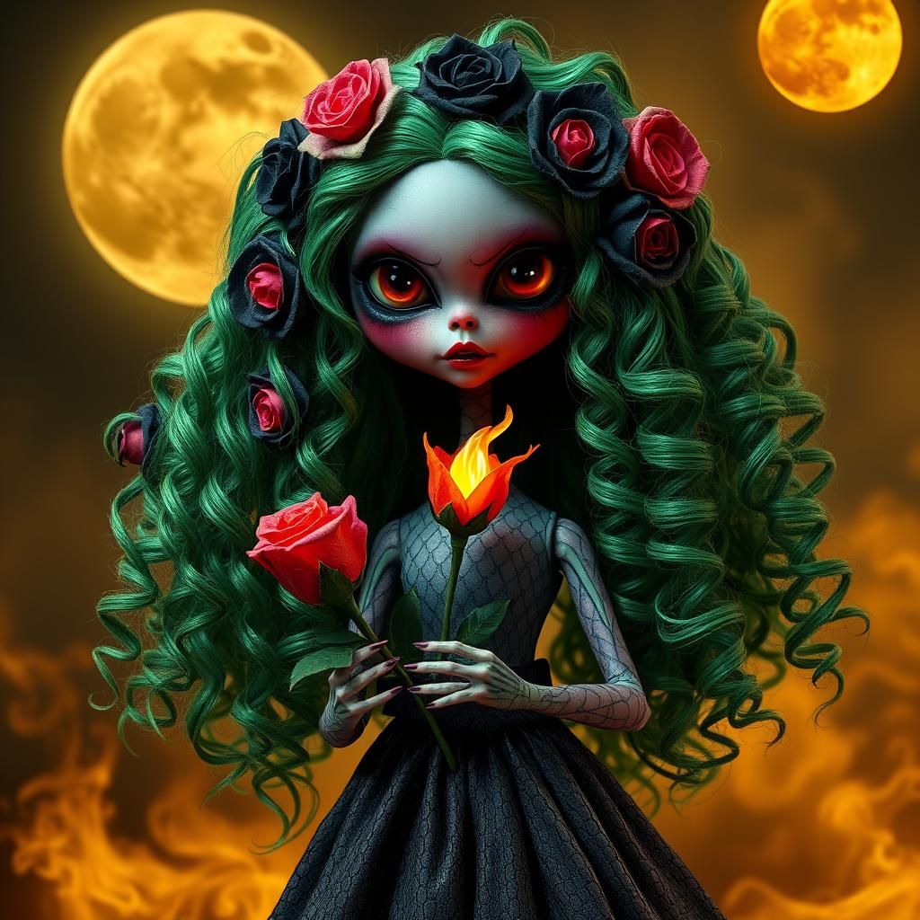 Spooky Doll with Burning Rose in Fantasy Art