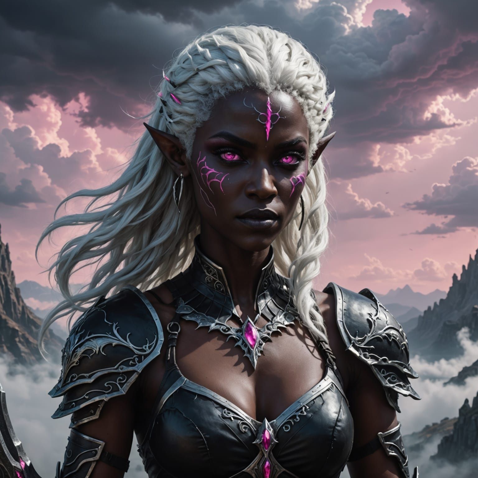 Muscle-Bound Drow Goddess in Clouds, 8k Masterpiece