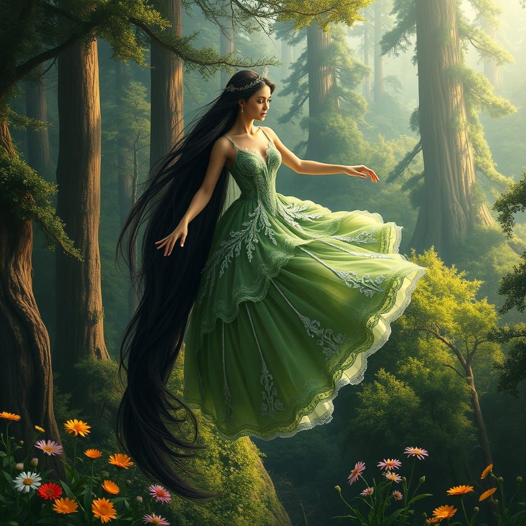 Regal Fantasy Princess Soars Above Vibrant Forest