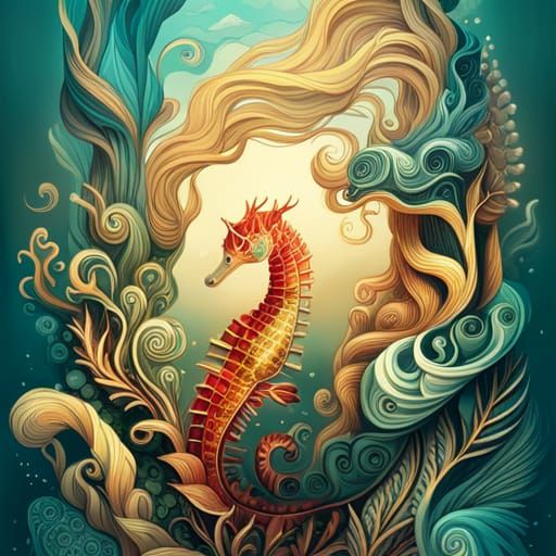 Ornate Seahorse with Luminous Colors, Digital Art
