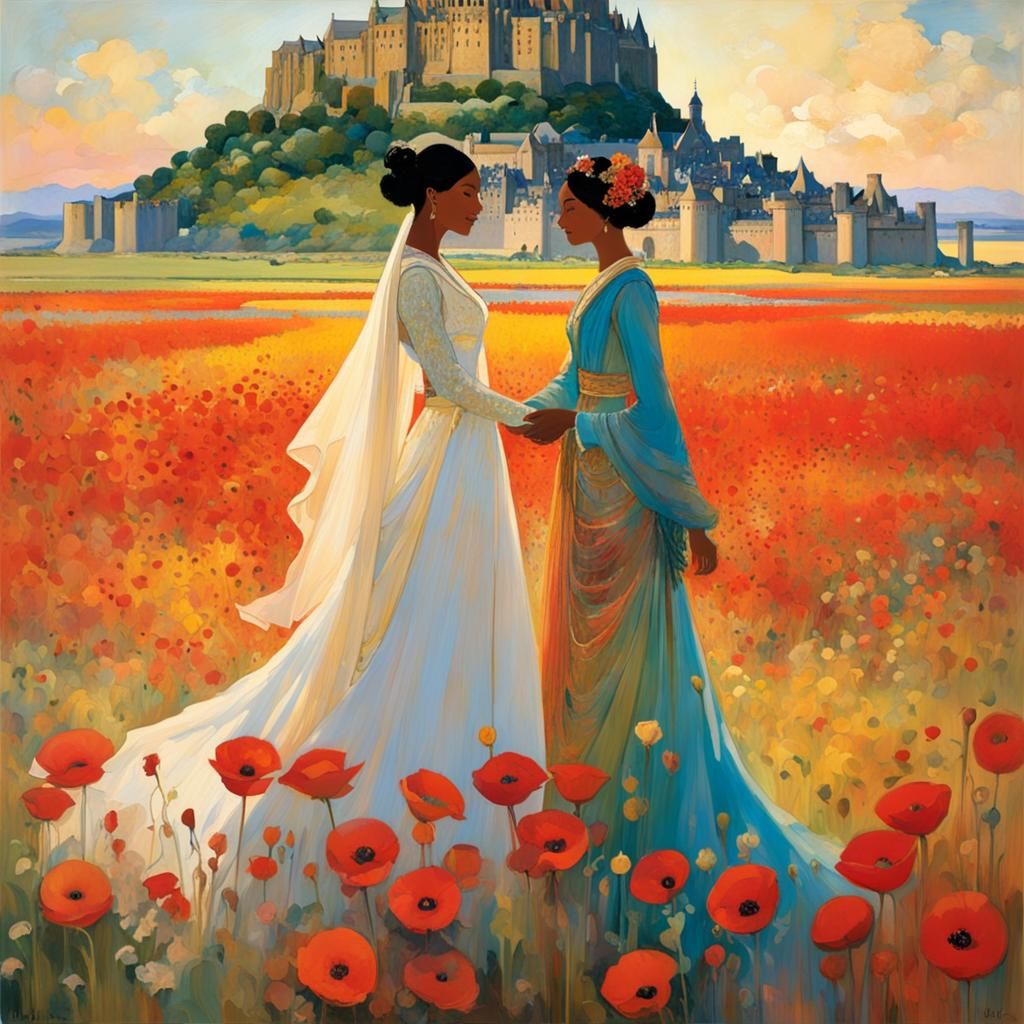 Art Nouveau Lesbian Wedding in Poppy Field