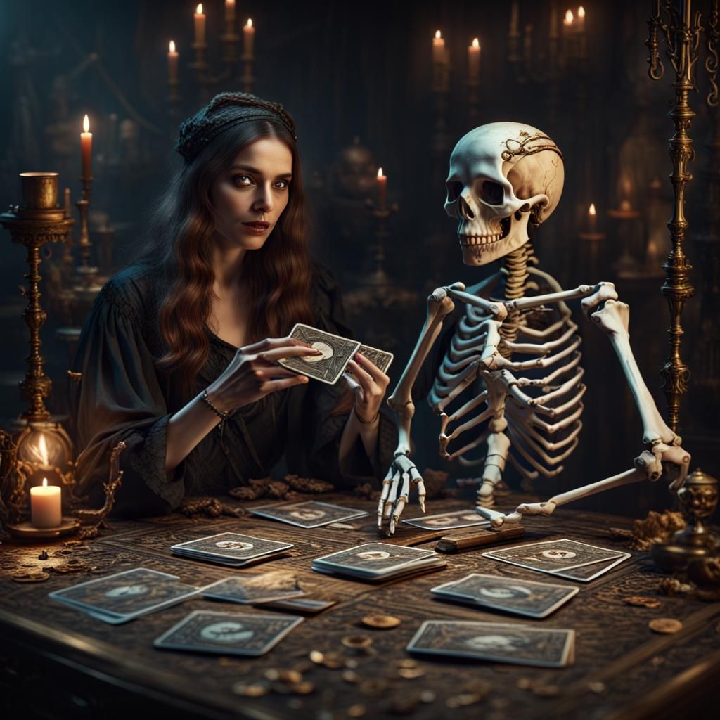 Skeleton Woman Deals Tarot Cards: Fantasy Art