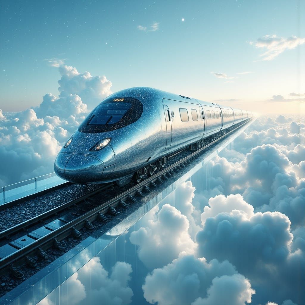 Futuristic Stardust Train on Glass Track in Clouds