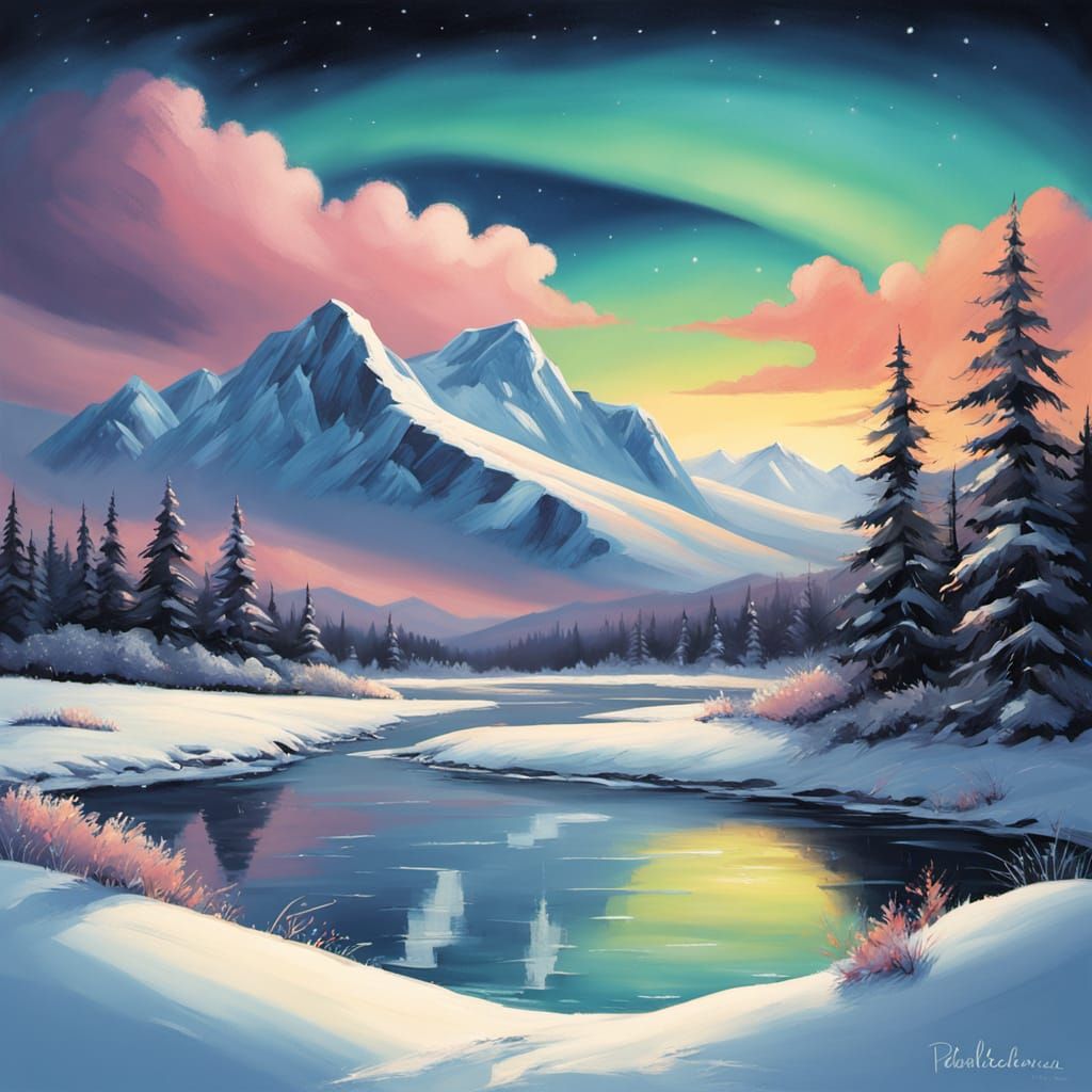 Serenely Beautiful Arctic Landscape with Iglus Under a Starr...