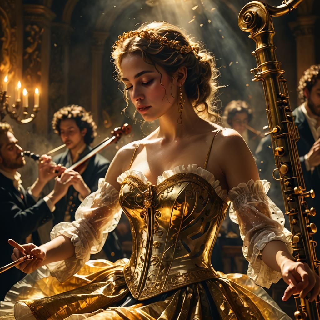 Baroque Digital Art: Musical Woman with Golden Flute