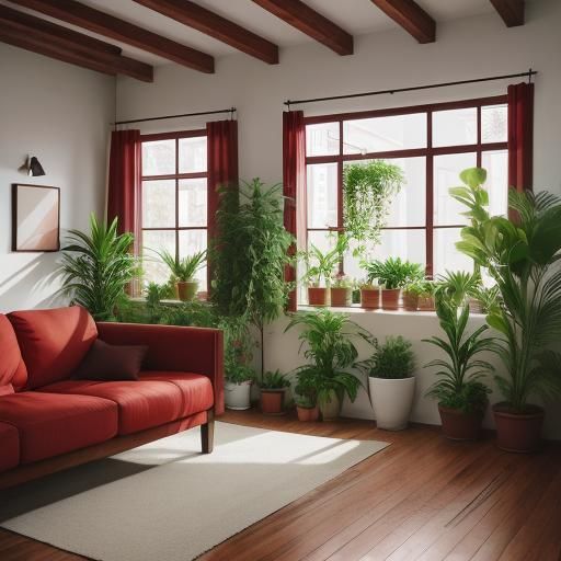 Muslin House Interior with Plants in Salmon and Red