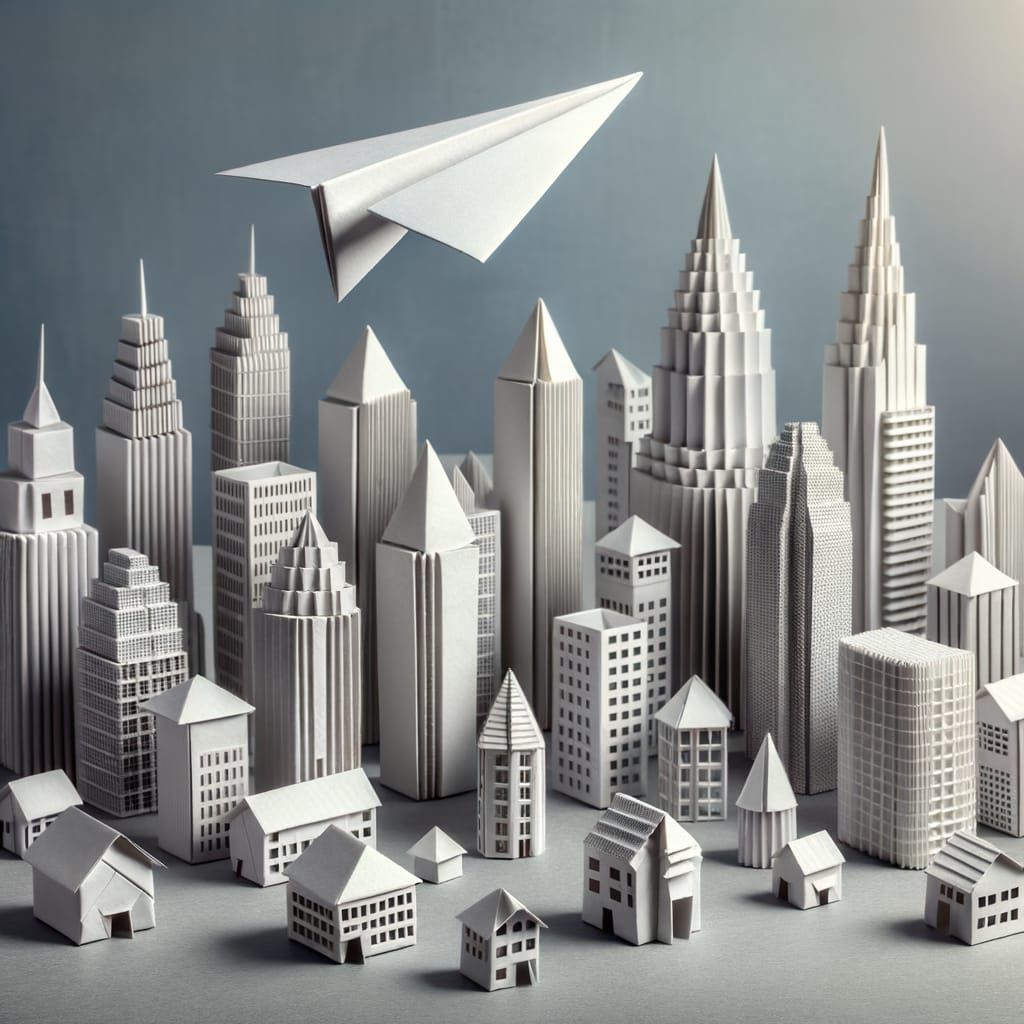 Paper Airplane Soars Over Origami Cityscape
