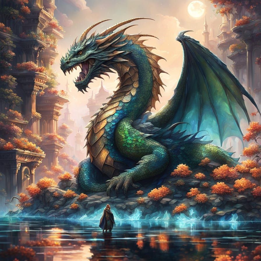 Majestic Mother Dragon Guards Treasure Hoard