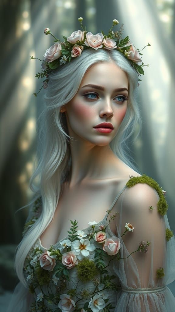 Woman in Serene Impressionist Forest Scene with Floral Crown