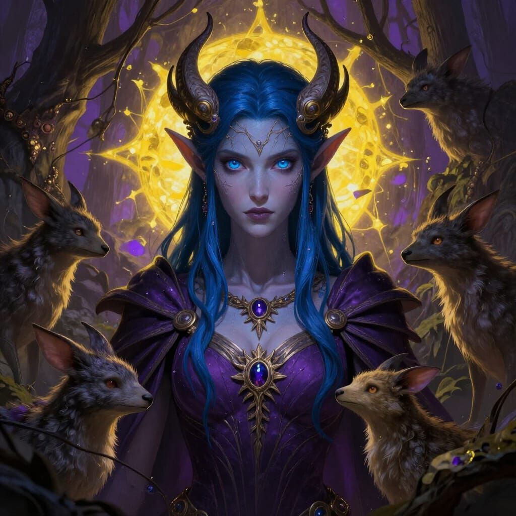 Dark Elf Queen with Woodland Creatures in Fantasy Art Style
