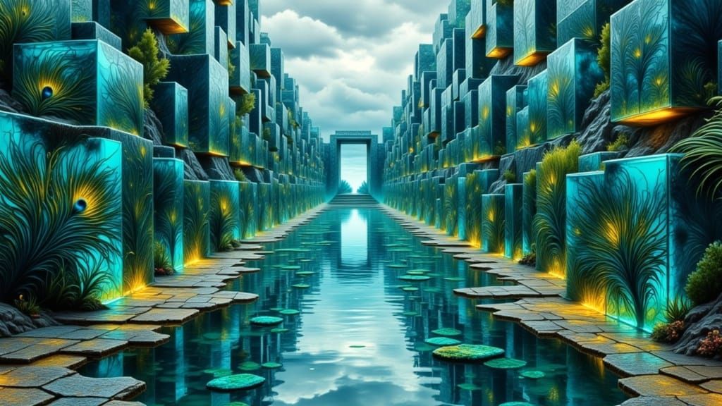 Surreal Temple of Floating Peacock Feather Cubes