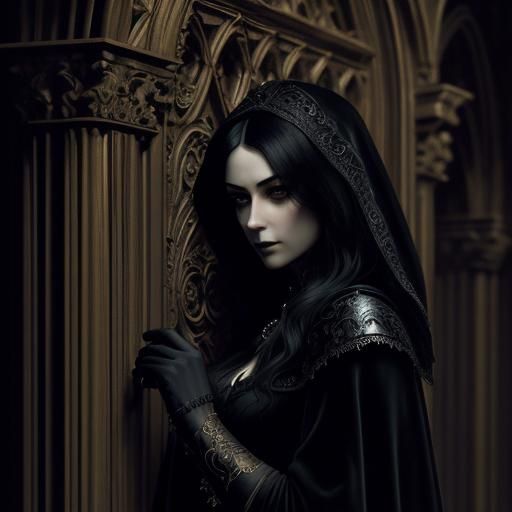 Gothic Heroine in Shadowy Corridor: Dark Fantasy Ink Drawing