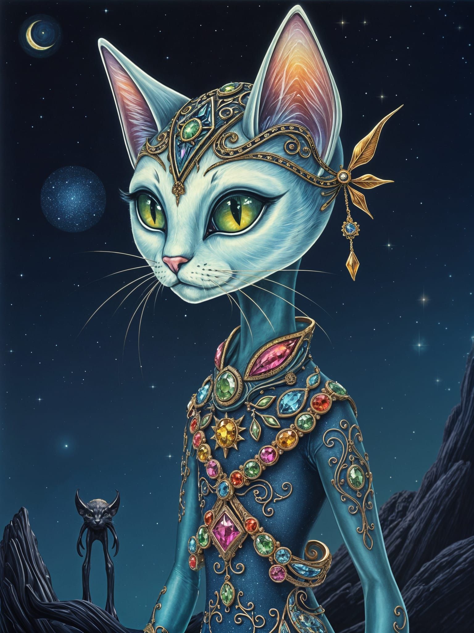 Ethereal, Starlight Feline Goddess in Cosmic Headdress