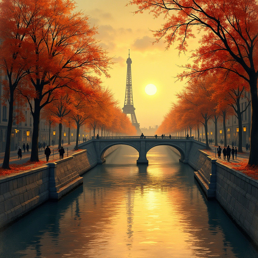 Paris Autumn Evening in Steampunk Ink Painting Style