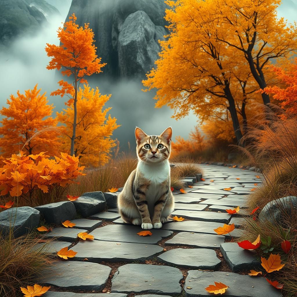 Idyllic Autumn Landscape with Cute Cat in Fantasy Art Style