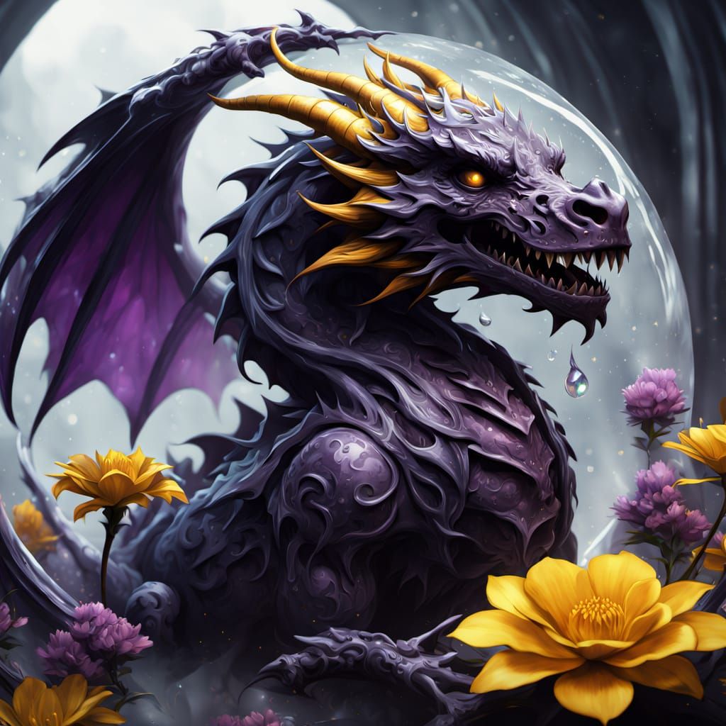 Gothic Snow Globe of a Skeletal Dragon and Flowers