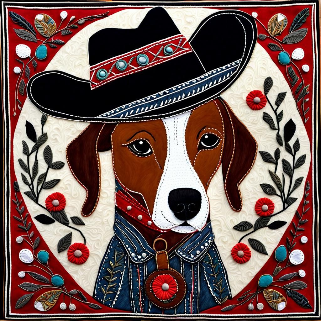 Dog in Cowboy Hat: Whimsical Textile Folk Art