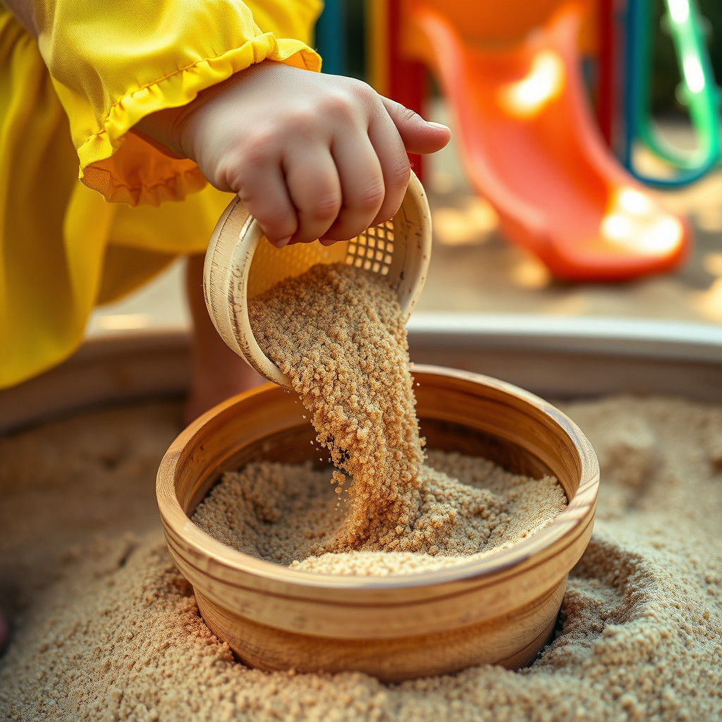 Soft Focus of a Hand Sifting Golden Sand in a Miniature Buck...