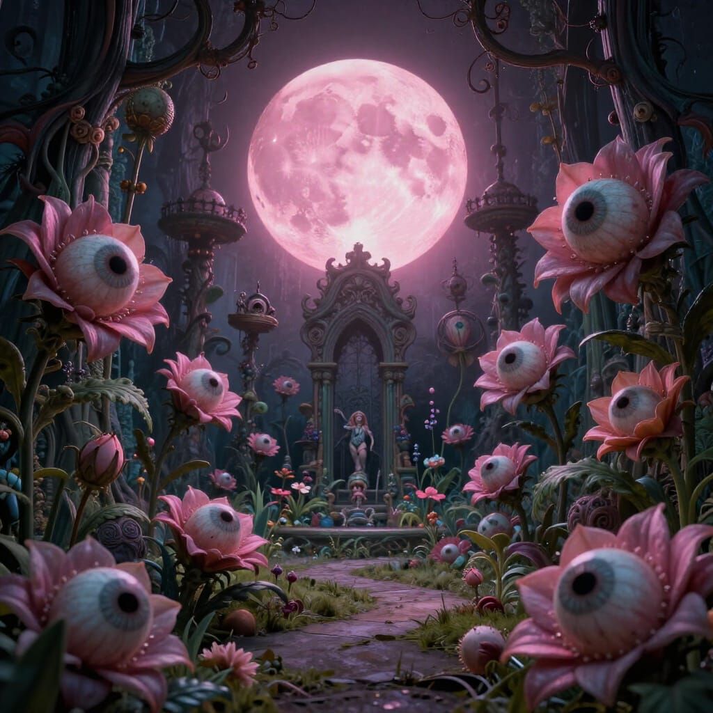 Creepy Surreal Garden Under Pale Pink Moonlight
