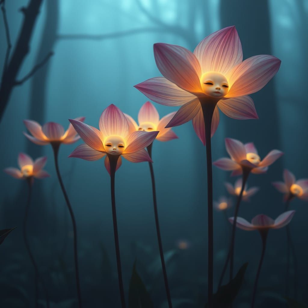 Living Flowers with Faces in Misty Forest