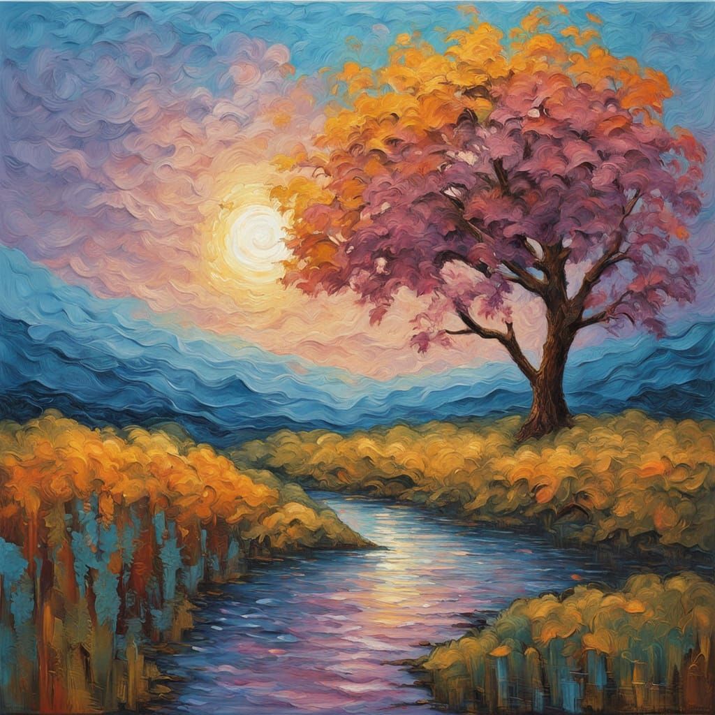 Vibrant Impasto Landscape with Solitary Tree