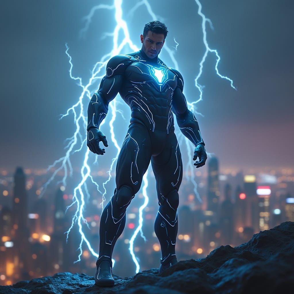 Cyberpunk Superhero Masterpiece in Dynamic Stormy Skies