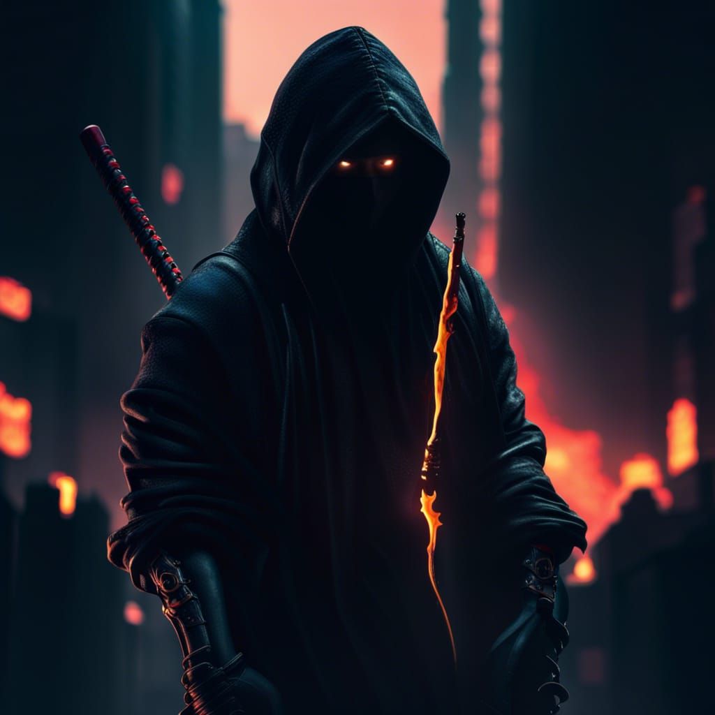 Cyberpunk Ninja with Fire Sword in Dark City