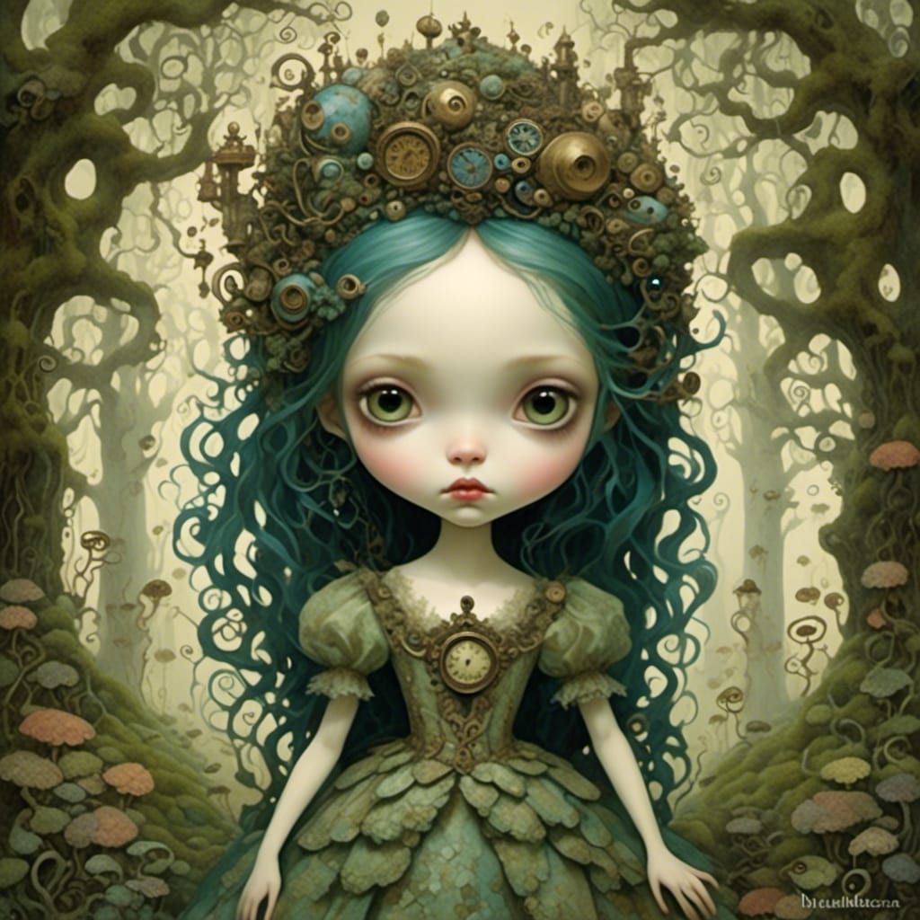 Gothic Moss Princess in Dreamlike Mixed Media Style