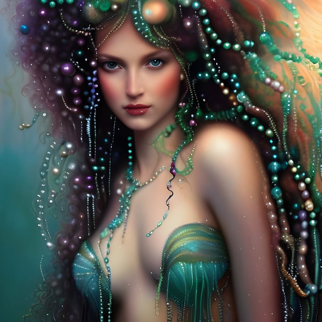 Watercolor Mermaid Portrait with Jewels and Bubbles