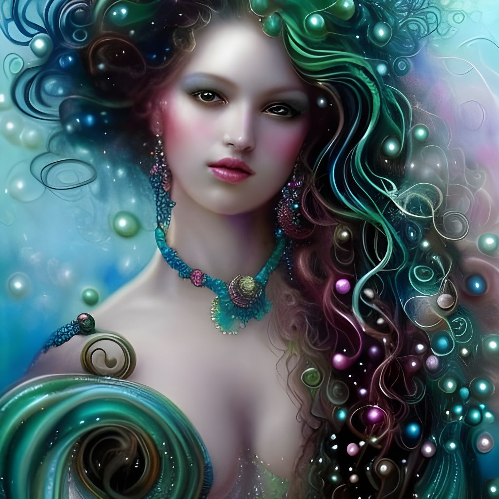Watercolor Mermaid Portrait with Jewels and Bubbles