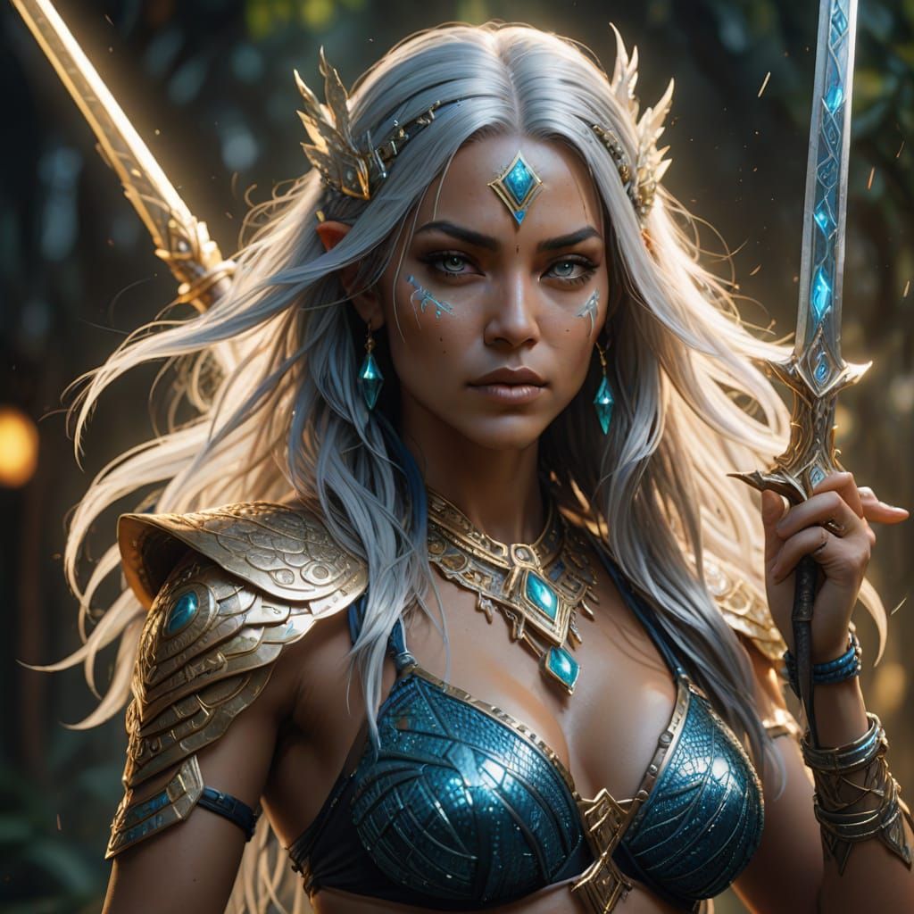 Surreal American Indian Goddess in Bikini with Sword and Blu...