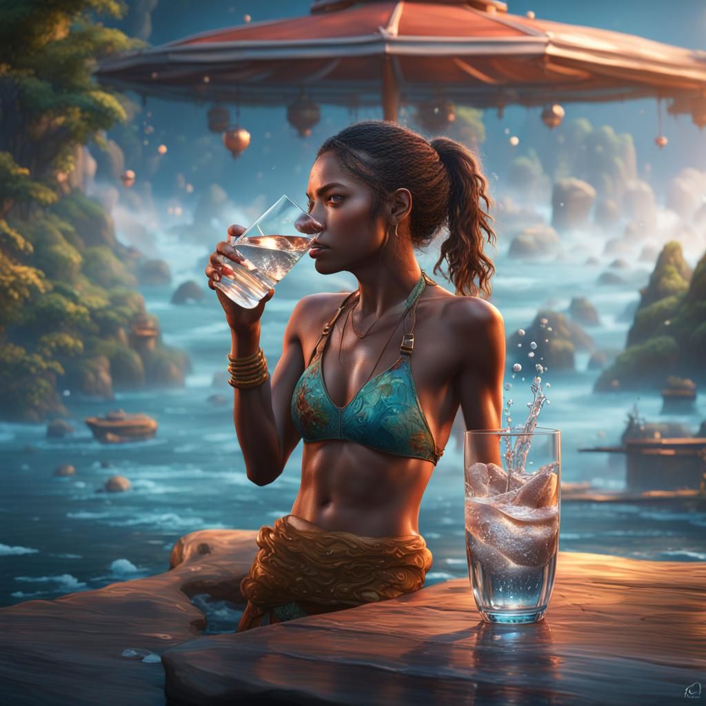 Glass of Water with Woman, Detailed Digital Painting