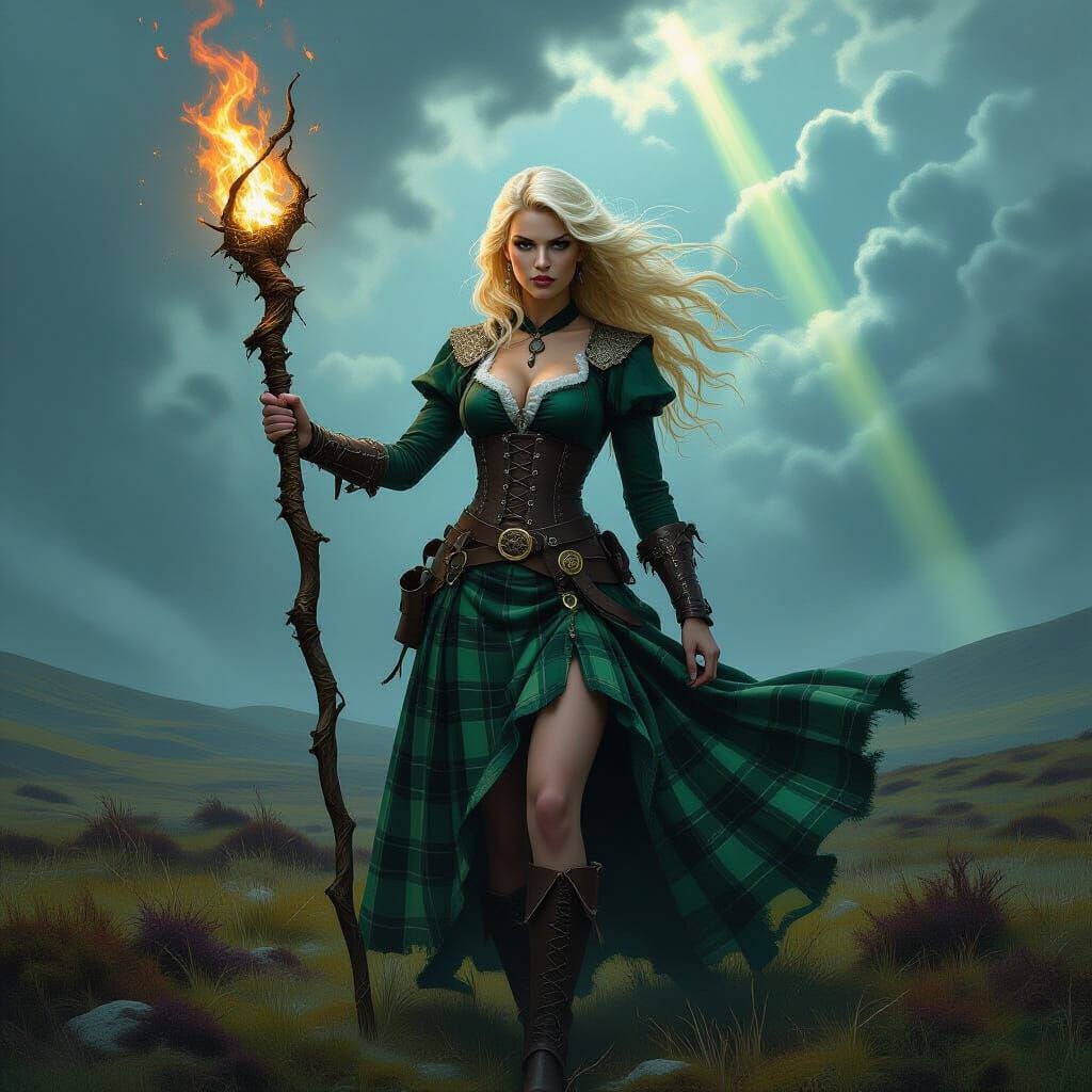 Fierce Blonde Witch in Kilt on Scottish Moor