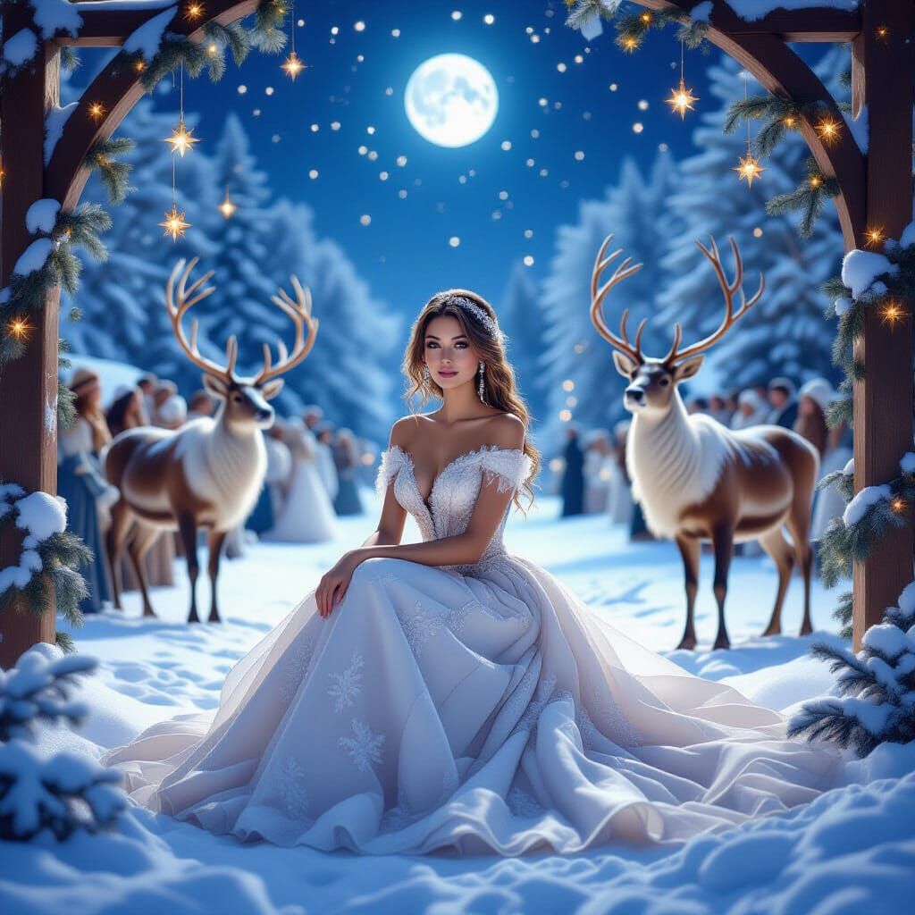 Woman in Ethereal Gown in Magical Winter Wonderland