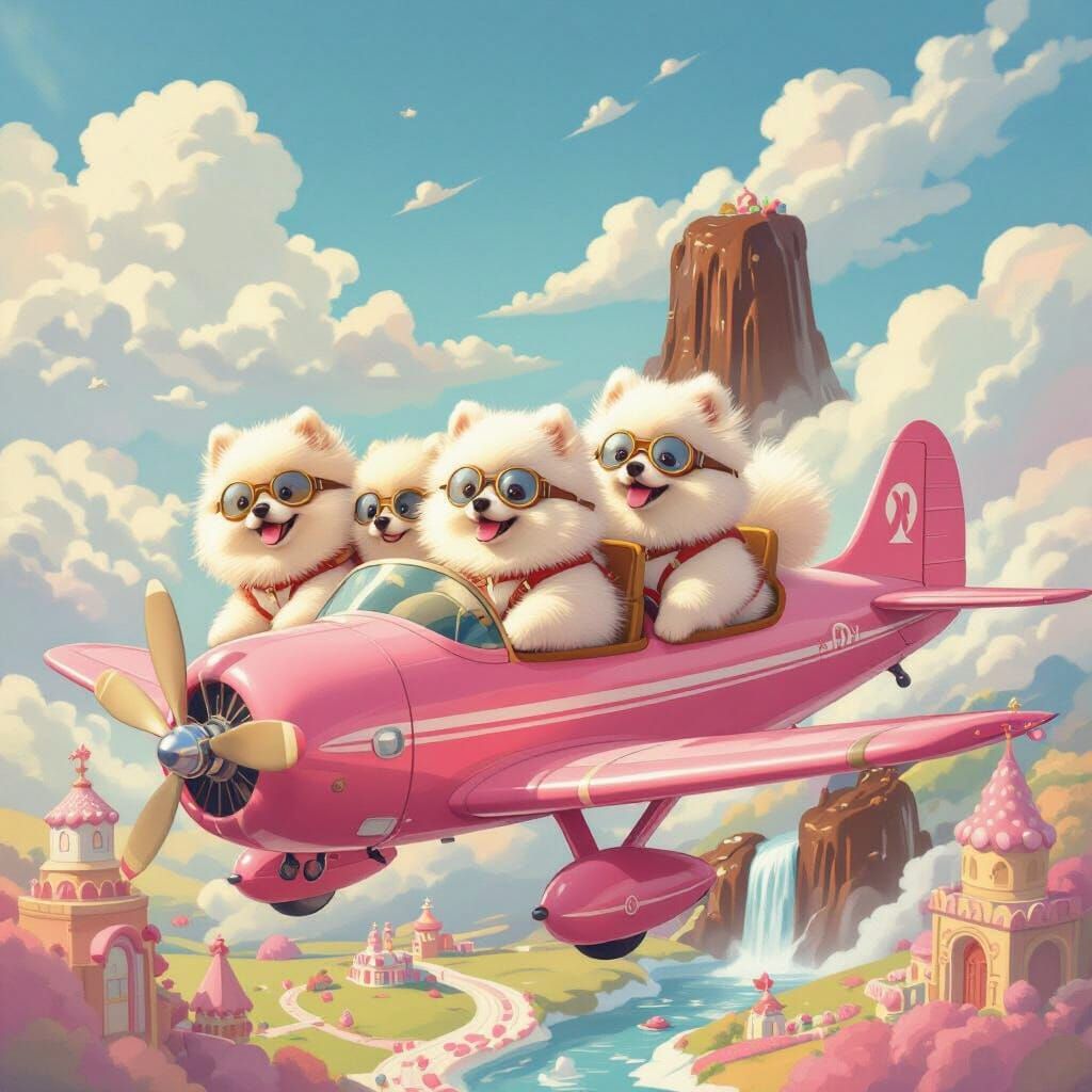 Pomeranian Pilots Fly Pink Plane Over Candy Land