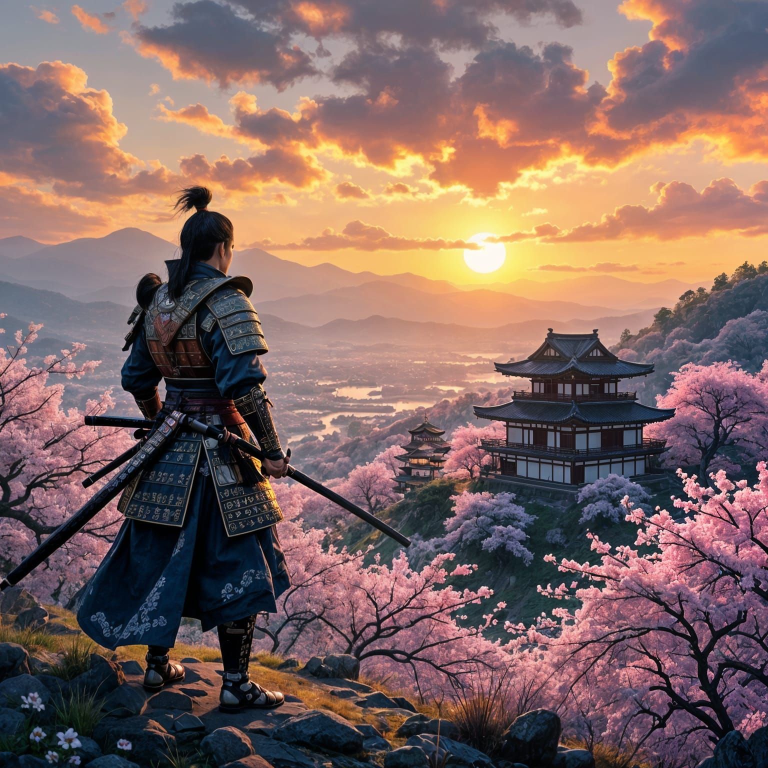Samurai Gazes at Cherry Blossom House at Sunset