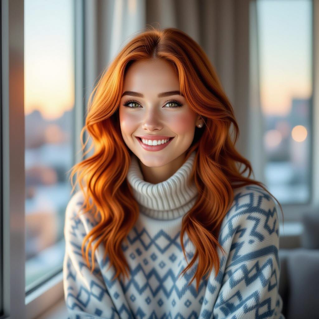 Young Woman with Red Hair in Nordic Sweater