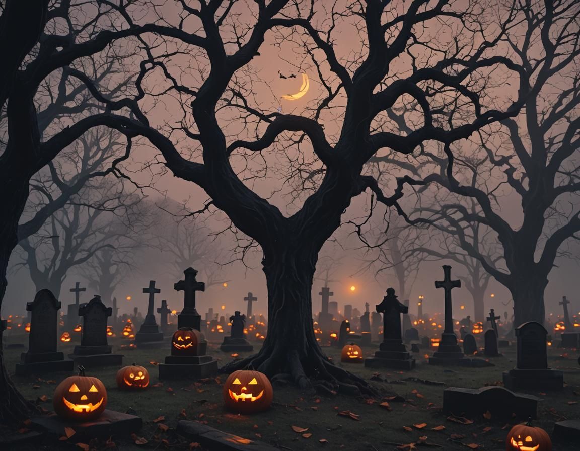 Eerie Cemetery with Pumpkins at Dusk in Oil Painting