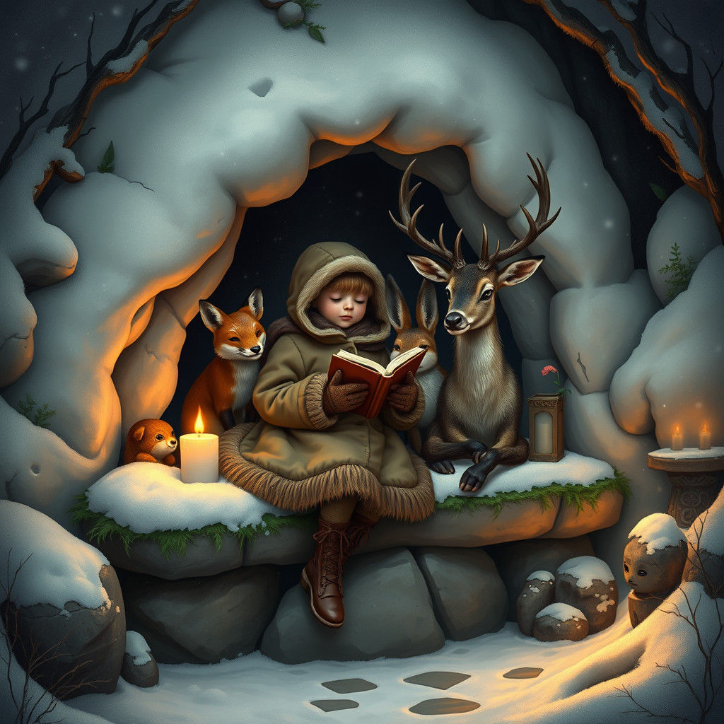 Winter Slumber: Girl, Animals, and Snowy Cave