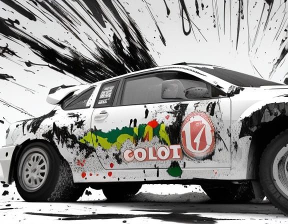 Rally car wrapped in "national shiteday" artwork