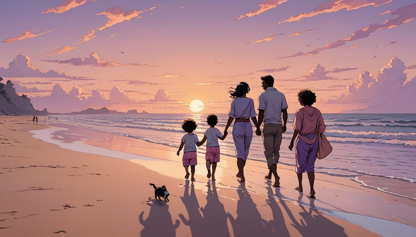 Couple and Toddler on Beach in Cel-Shaded Comic Art
