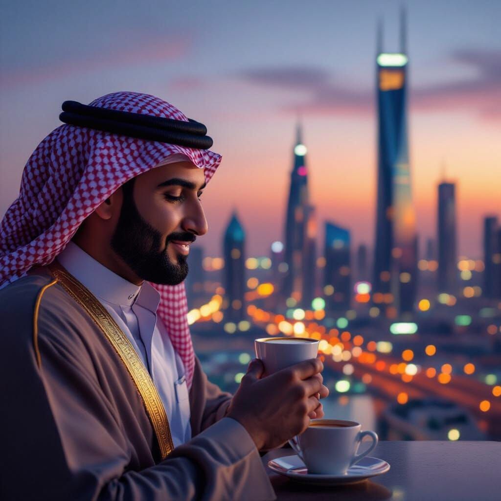 Saudi Man Enjoys Coffee Amidst Riyadh's Modern Skyline