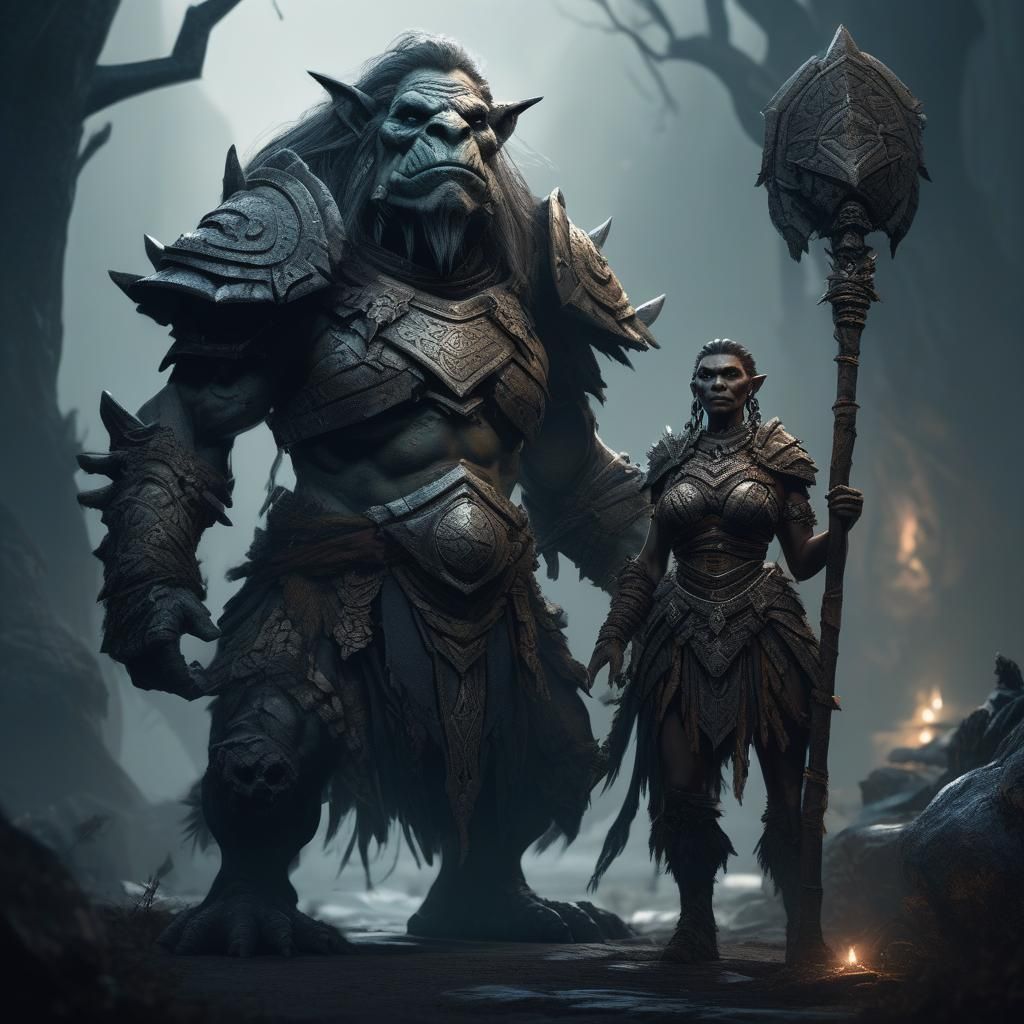 Armored Troll Guardian Protecting Ancient Witch: Concept Art