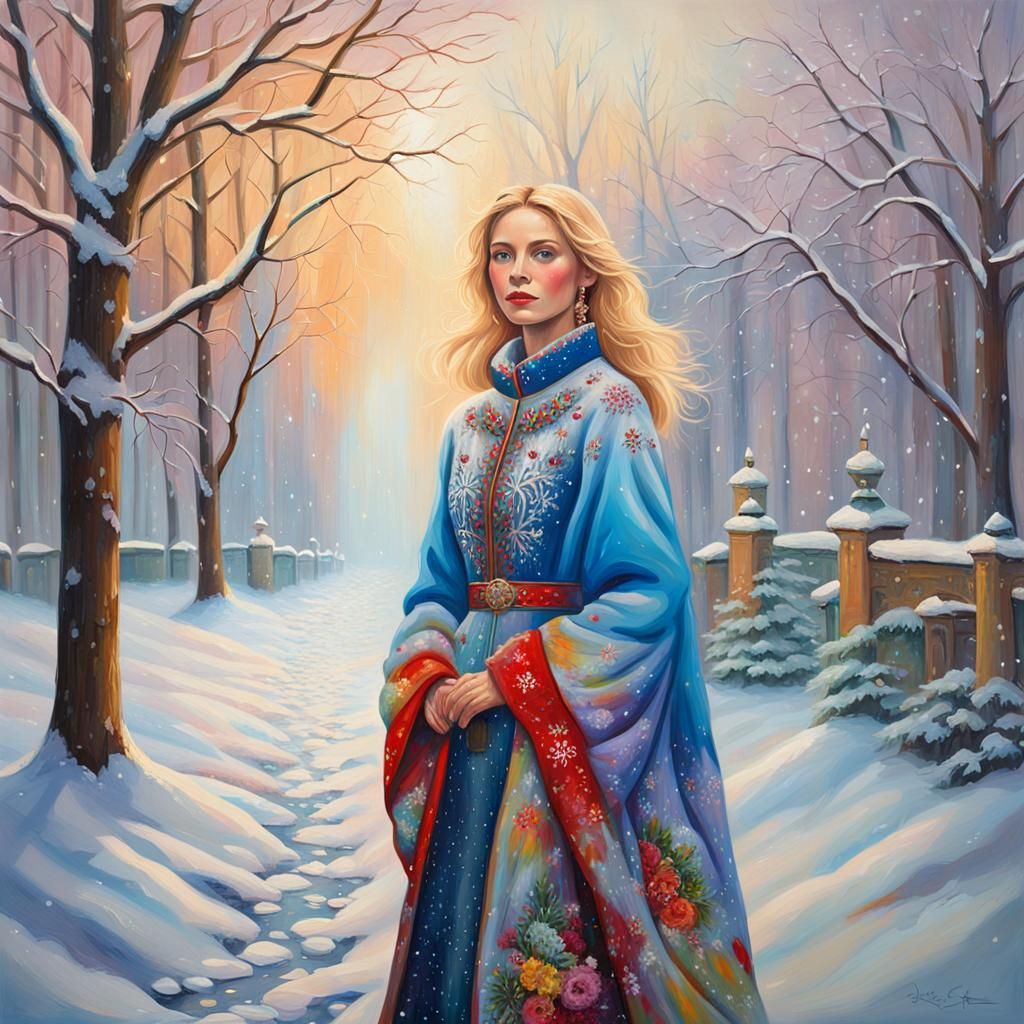 Russian Model in Snowy Moscow, Oil Painting Style