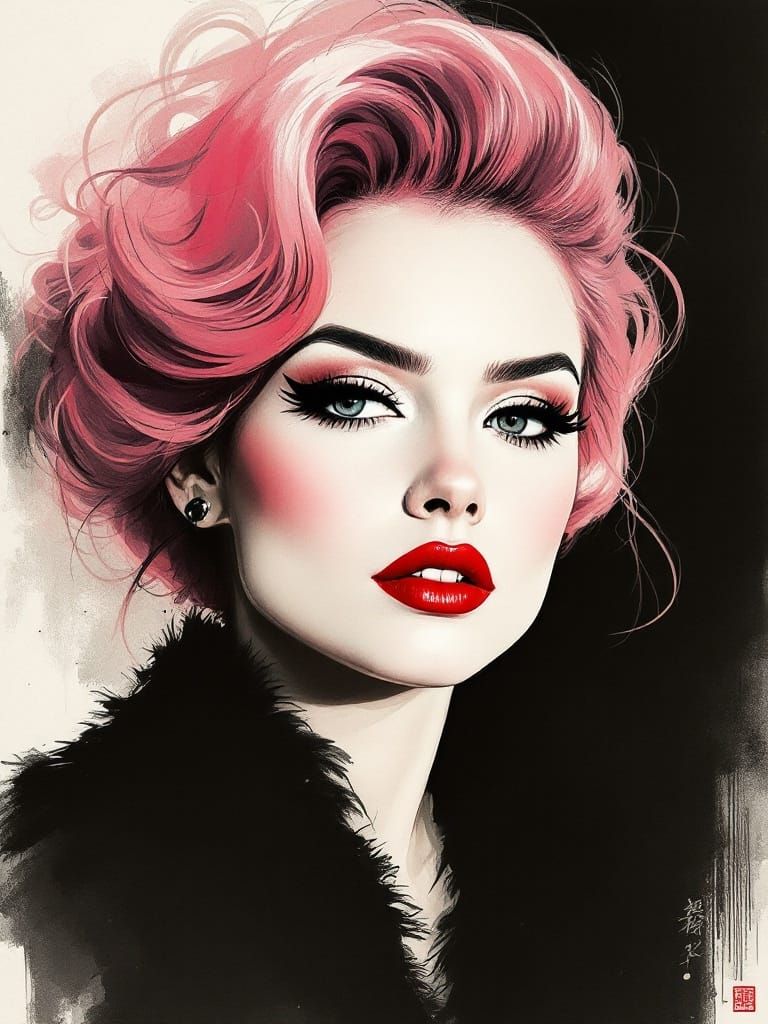 Vibrant Retro Goddess in Japanese Ink Brush Art